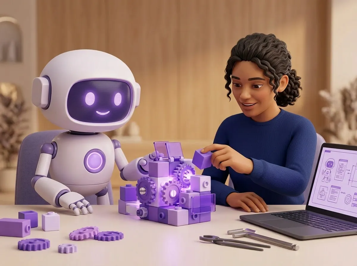 Robot and a woman building a glowing machine together at a desk
