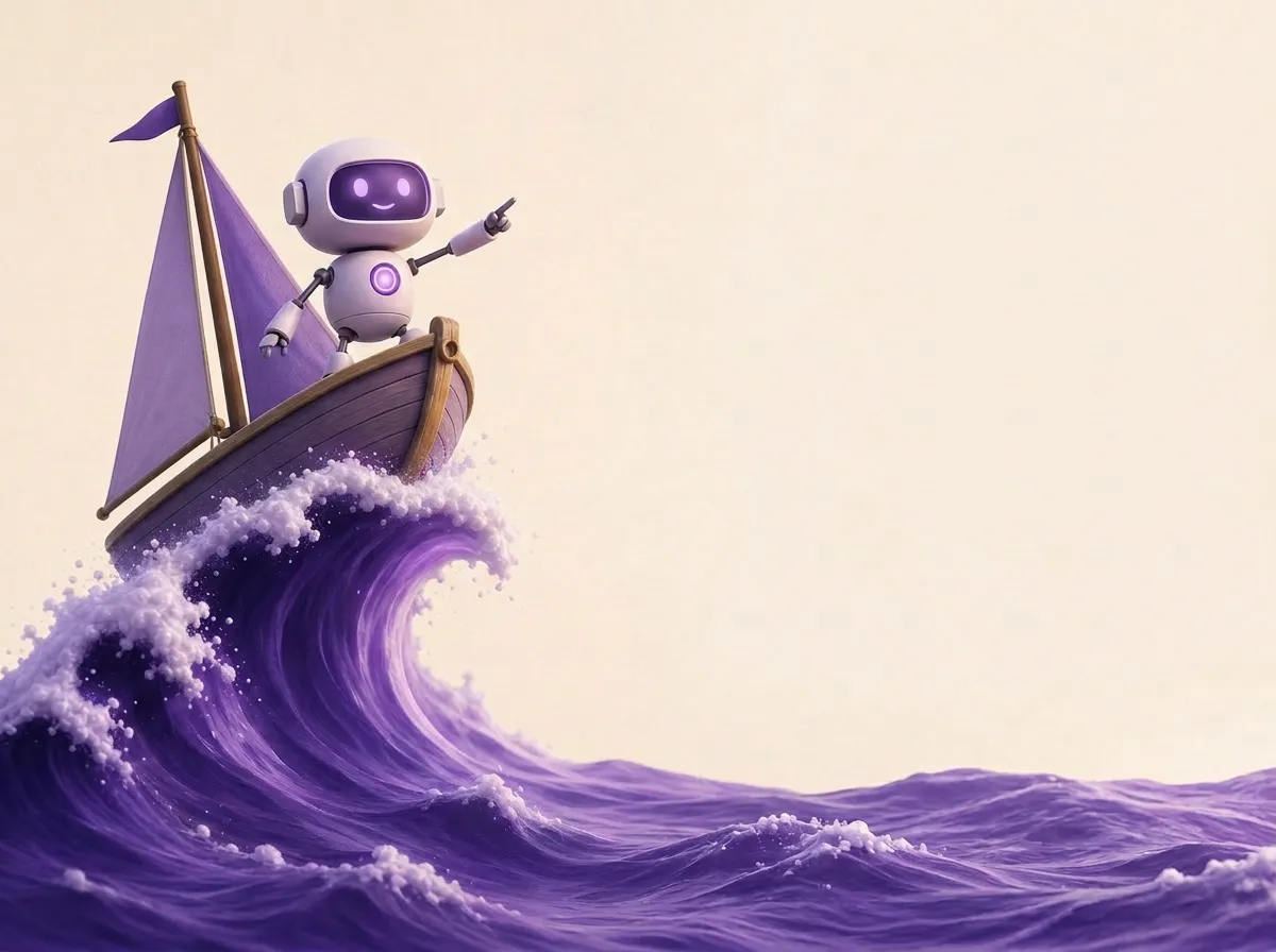 Friendly violet robot pointing forward from the bow of a sailboat riding a rising violet wave