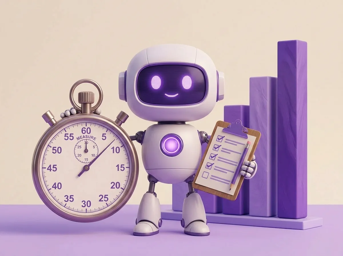 Robot holding an oversized stopwatch and checklist beside a rising bar chart