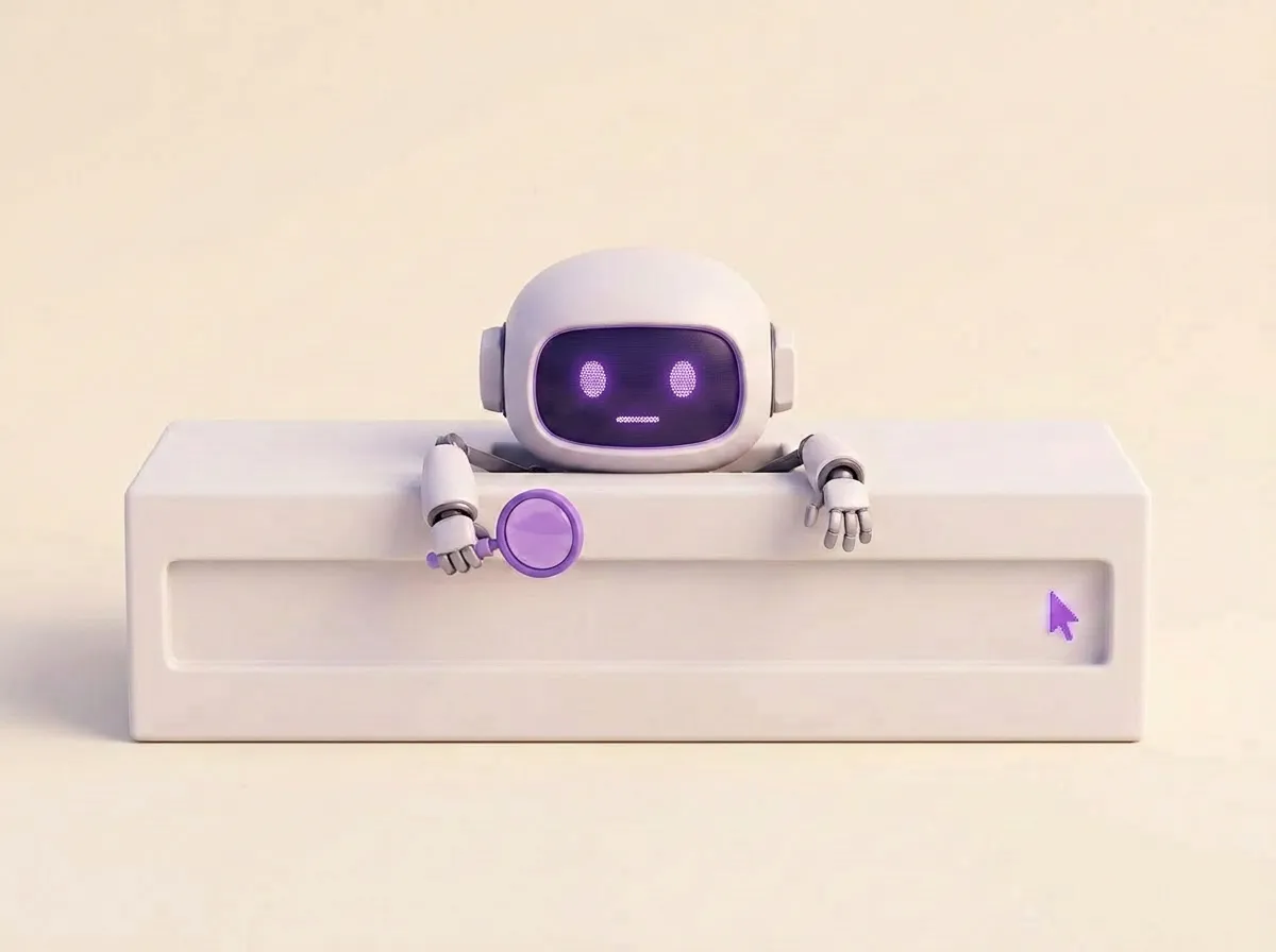 Robot crammed inside a giant search bar, holding a magnifying glass, looking bored
