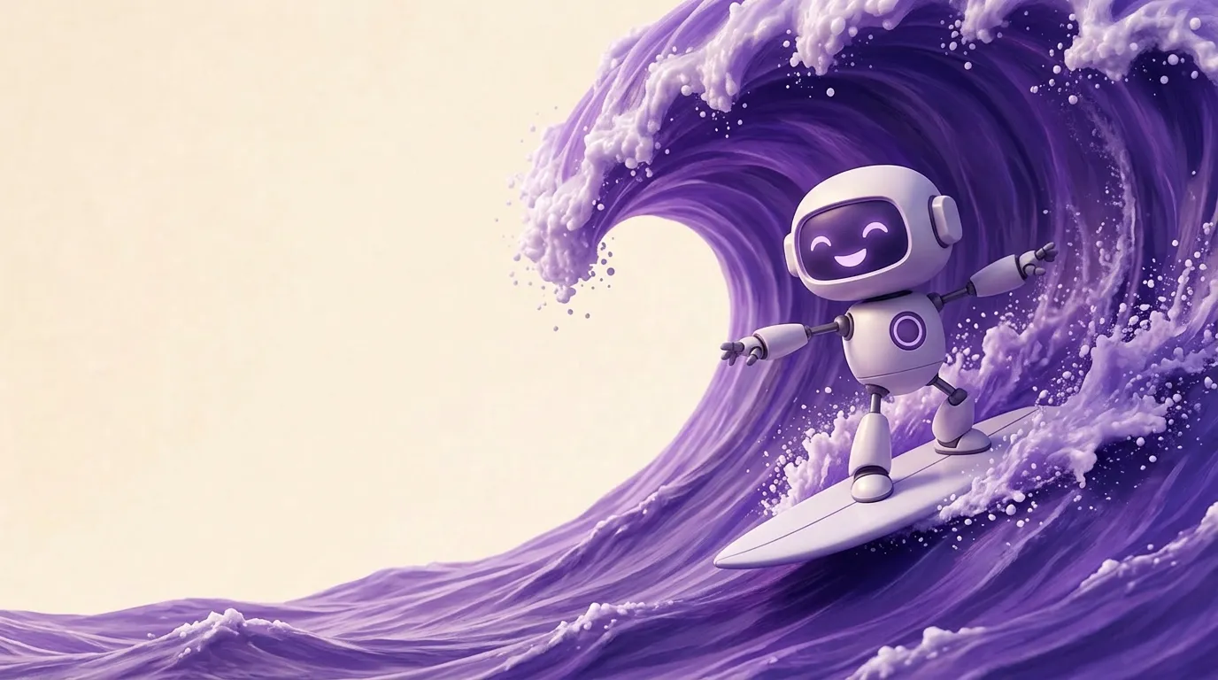 Jubilant robot surfing down a huge violet wave